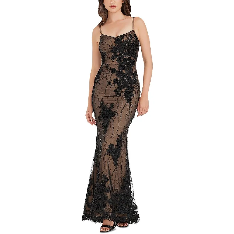 Dress The Population Womens Giovanna Lace Overlay V-Neck Evening Dress