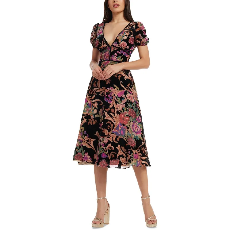 Dress The Population Womens Velvet Floral Fit & Flare Dress