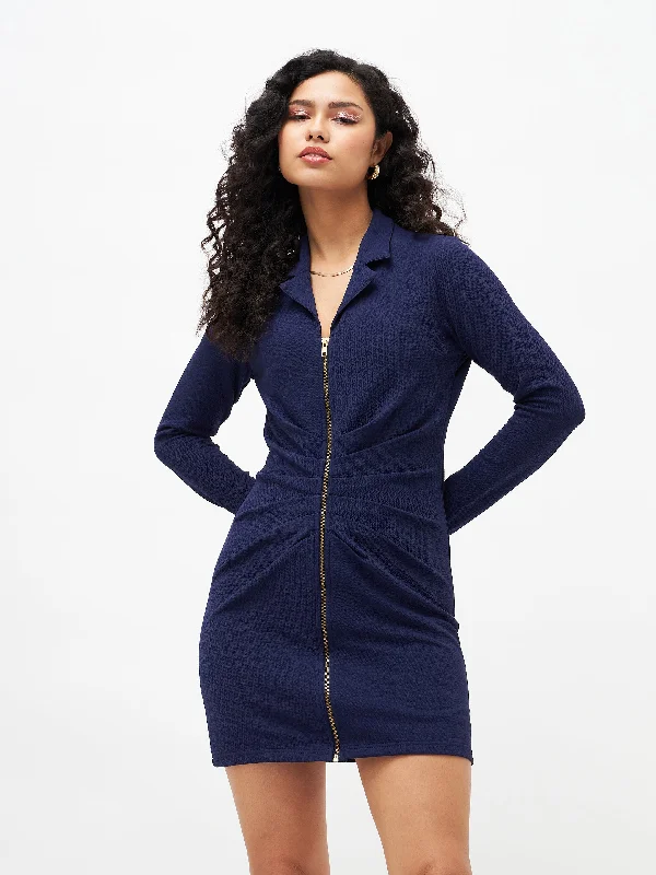 Women Navy Front Zipper Bodycon Dress