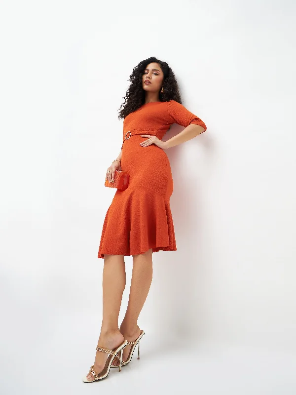 Women Orange Frill Hem Belted Midi Dress