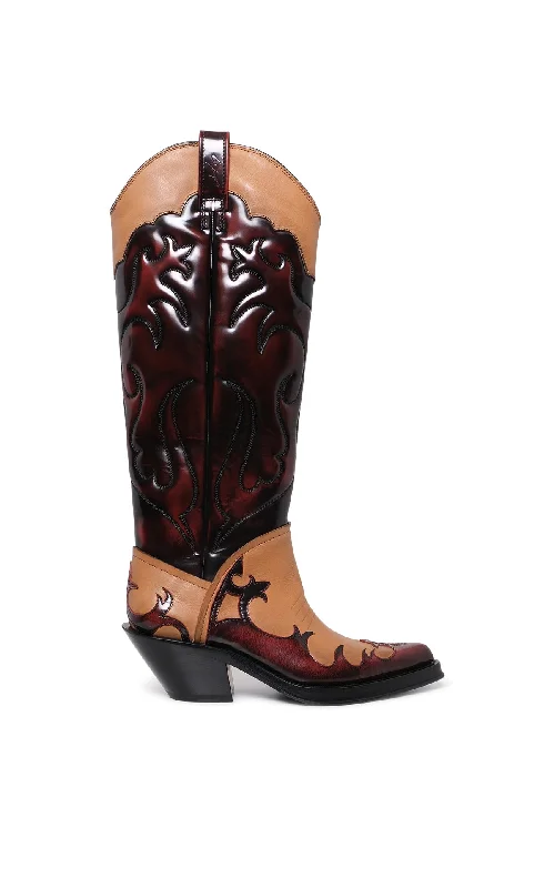 Capitana Cowboy Boot in Light Brown & Red Pearlized Leather