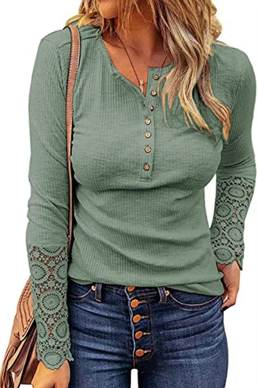 WOMEN LACE CROCHET SLEEVED HALF BUTTON UP TOP